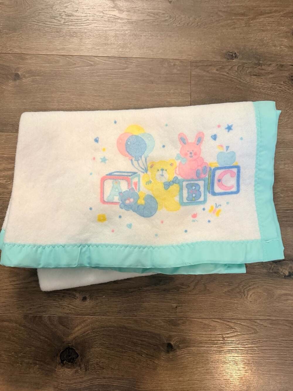 Vintage Riegel Baby Blanket Bears Blocks ABC White with Blue Satin Trim